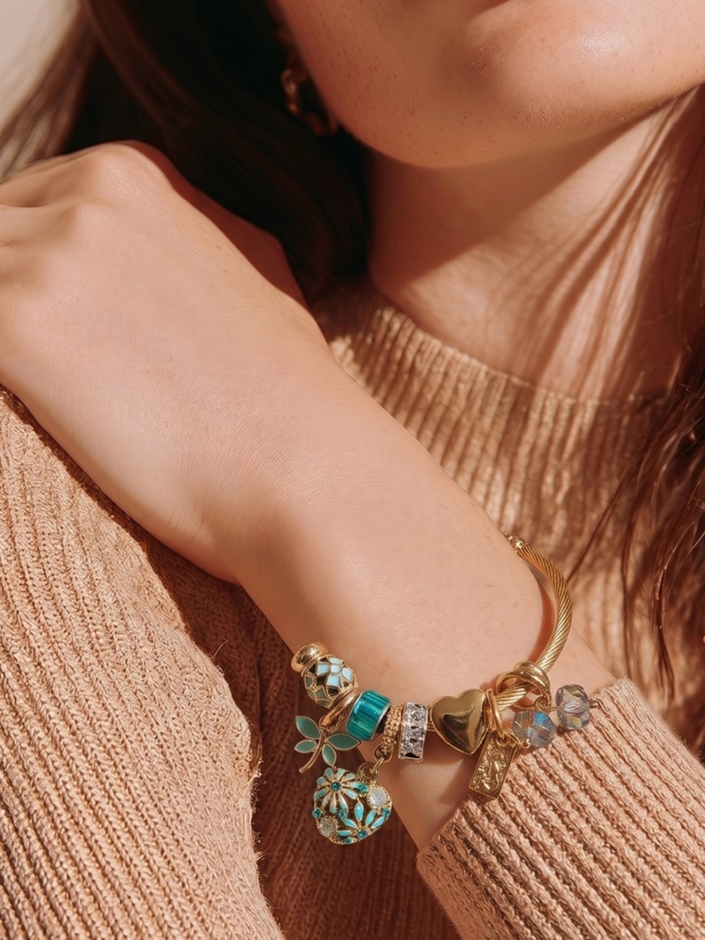 Gold-Tone Turquoise Charm Bangle Bracelet